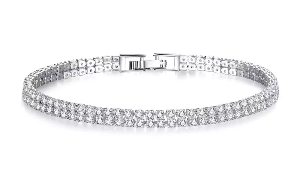 3CT Rhodium Plated Two Row Lab Sapphire Bracelet - Primary Image