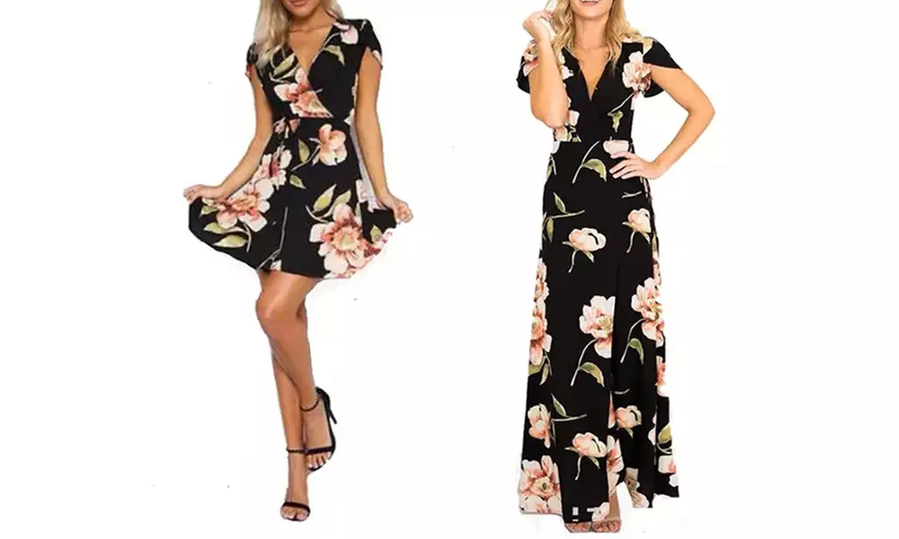 Robe florale de style bohème avec col en V, modèle court ou long au choix, livraison offerte - Primary Image