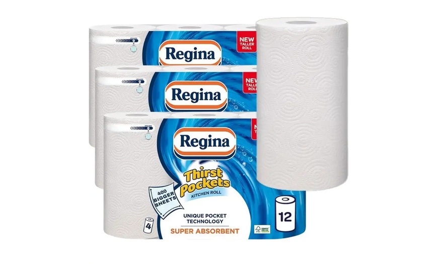 Image 1: 12 Regina Thirst Pocket Kitchen Rolls - 2-Ply, Super Absorbent, 400 Sheets Per Roll