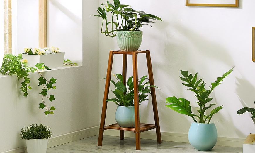 Image 2: Brown Multi-Tier Wooden Plant Stand