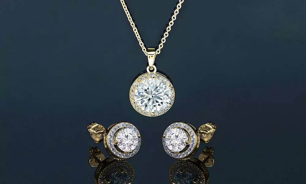 Round Halo Pendant and Earrings Made with Swarovski Crystals - Primary Image