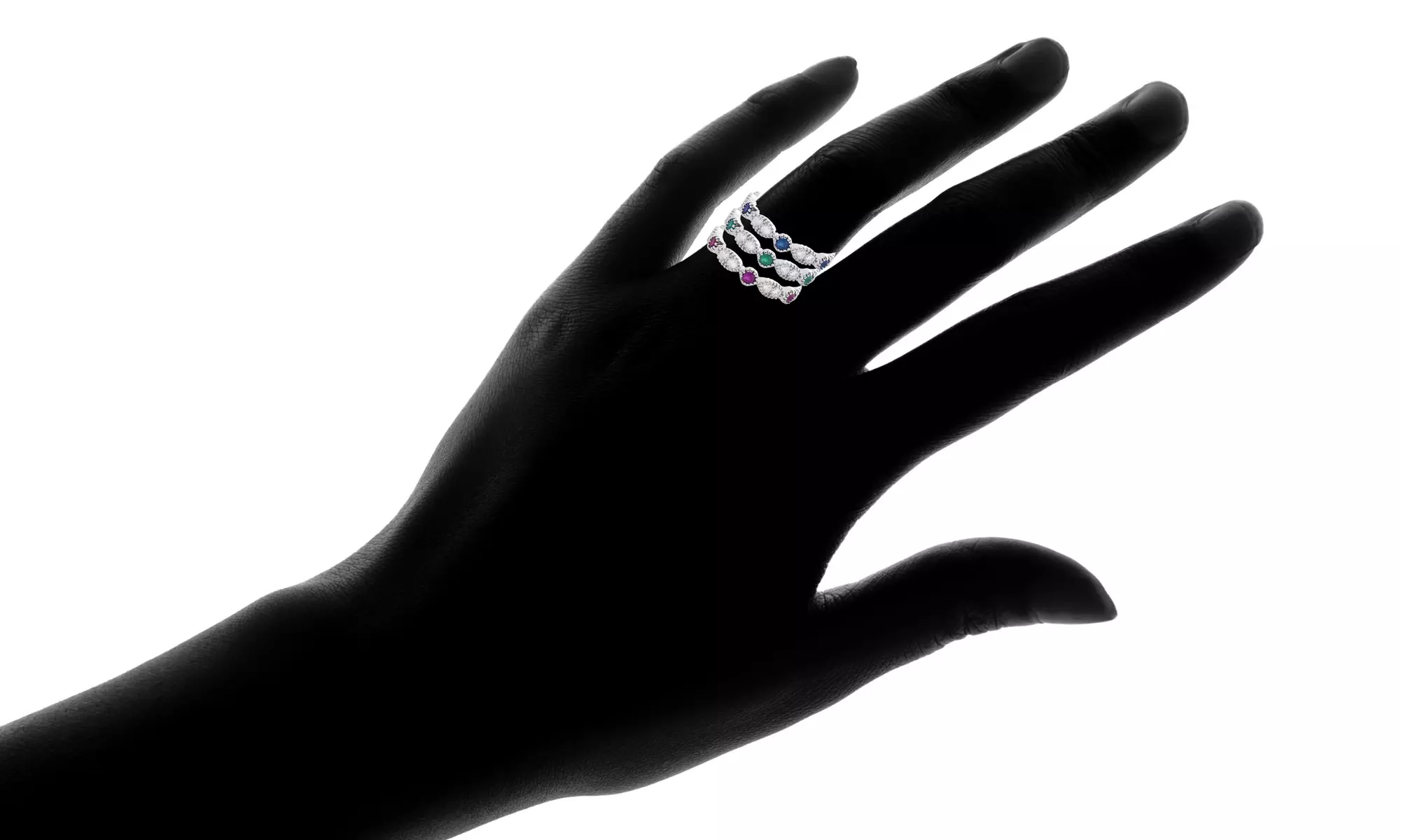 Marquise Design Colored Cubic Zirconia Stackable Ring Set in 18K White Gold Plating - Second Medium