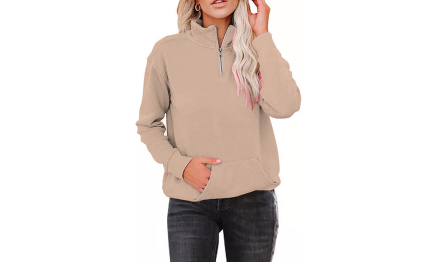 Image 7: Solid Colour Zipper Stand-Up Collar Long-Sleeved Sweatshirt