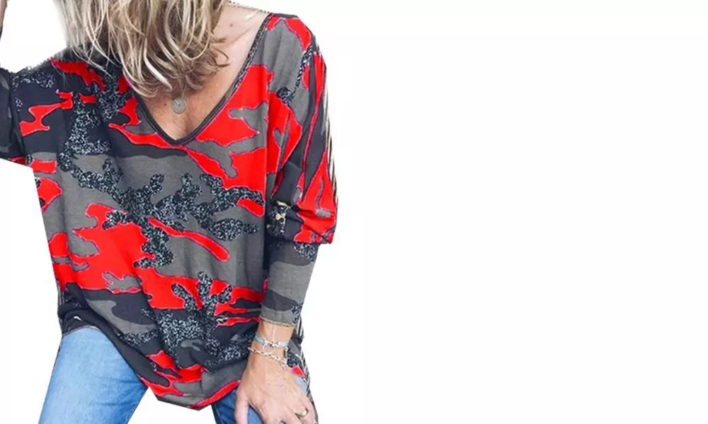 Haut col V à imprimé camouflage pour femme - Second Medium