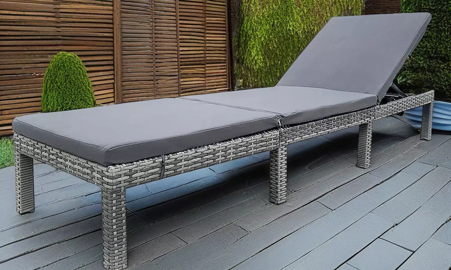 Grey Rattan-Effect Adjustable Sun Lounger with Cushion