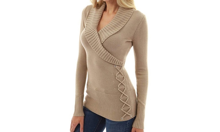 Image 3: Shawl Collar Lace-Up Sweater