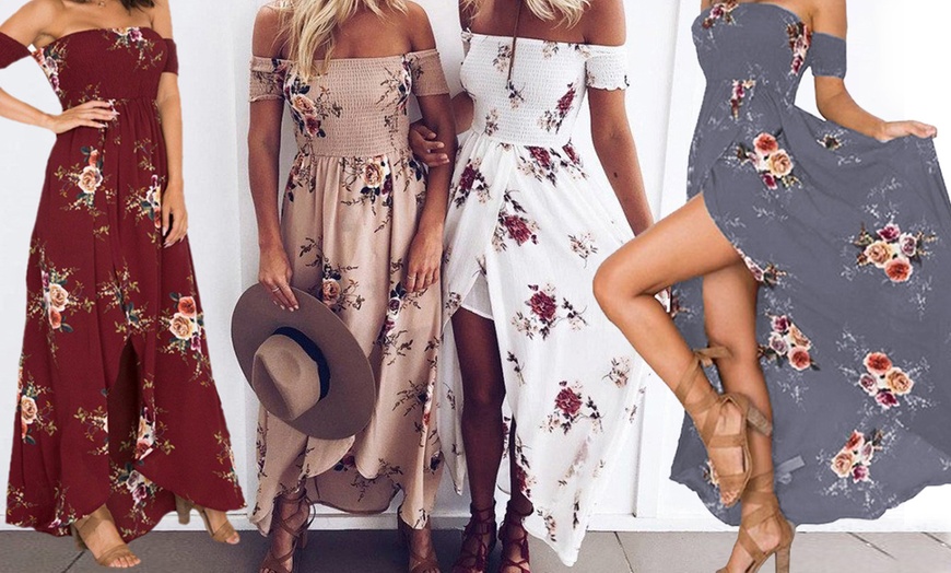 Image 1: Floral Off-Shoulder Maxi Dress