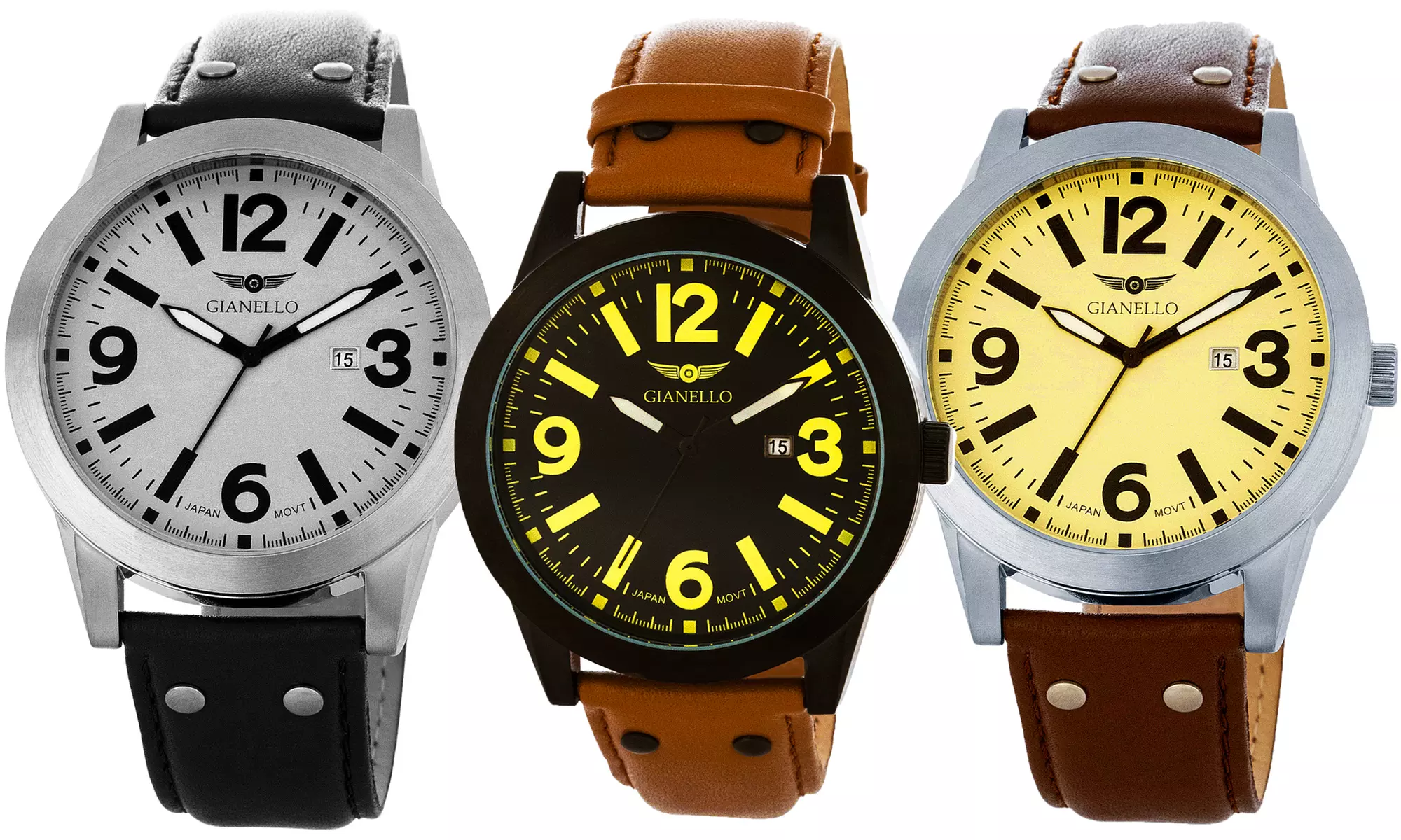 Gianello Stainless Steel Men's Watch with Riveted Leather Strap - Primary Image