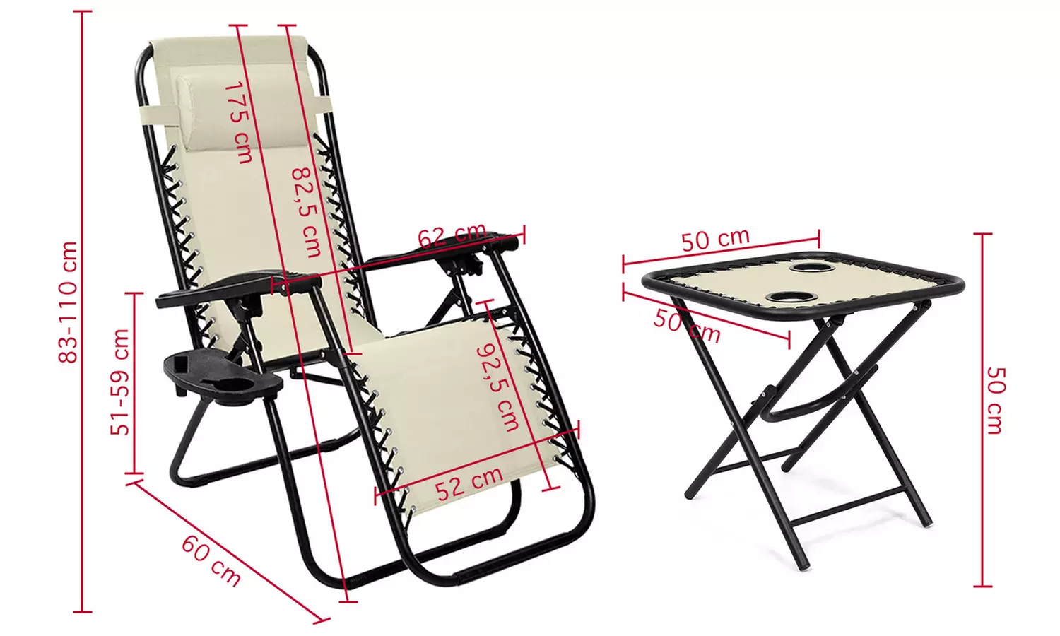 Set van 2 tuinstoelen 'Zero Gravity' met een buitentafel