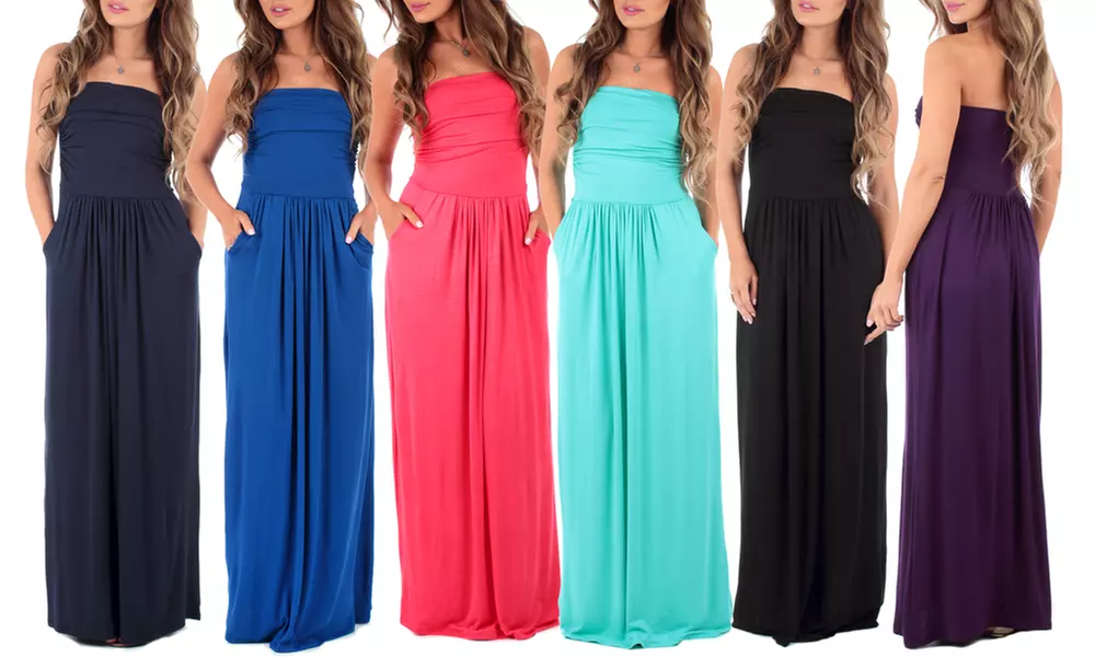 Women's Strapless Ruched Maxi Dress with Pockets - Primary Image