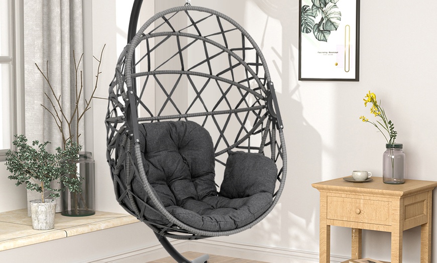 Image 14: Black Outdoor Hanging Egg Chair with Cushion