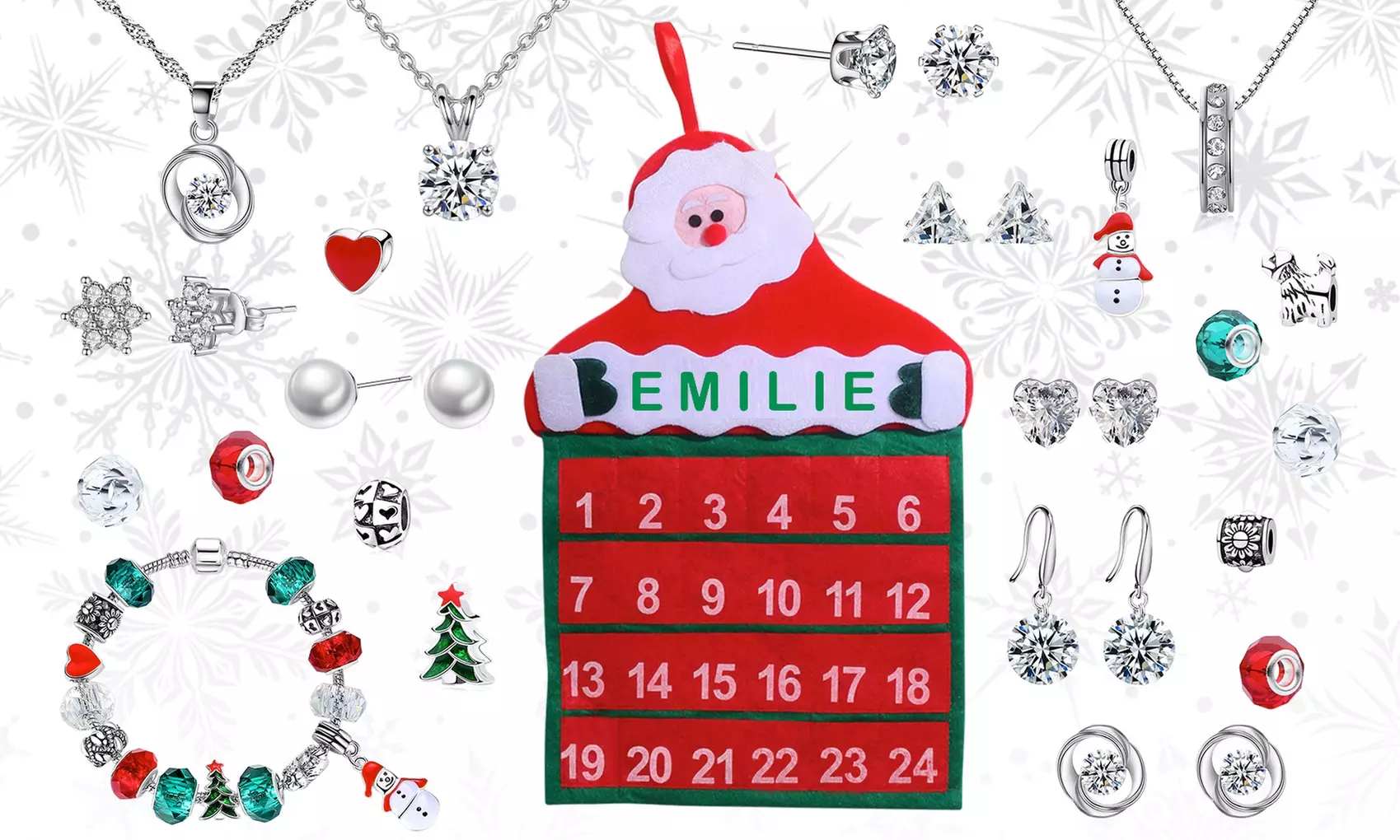 Calendrier de l'Avent en tissu à personnaliser avec prénom, 24 bijoux dont certains ornés de cristaux Swarovski® - Primary Image