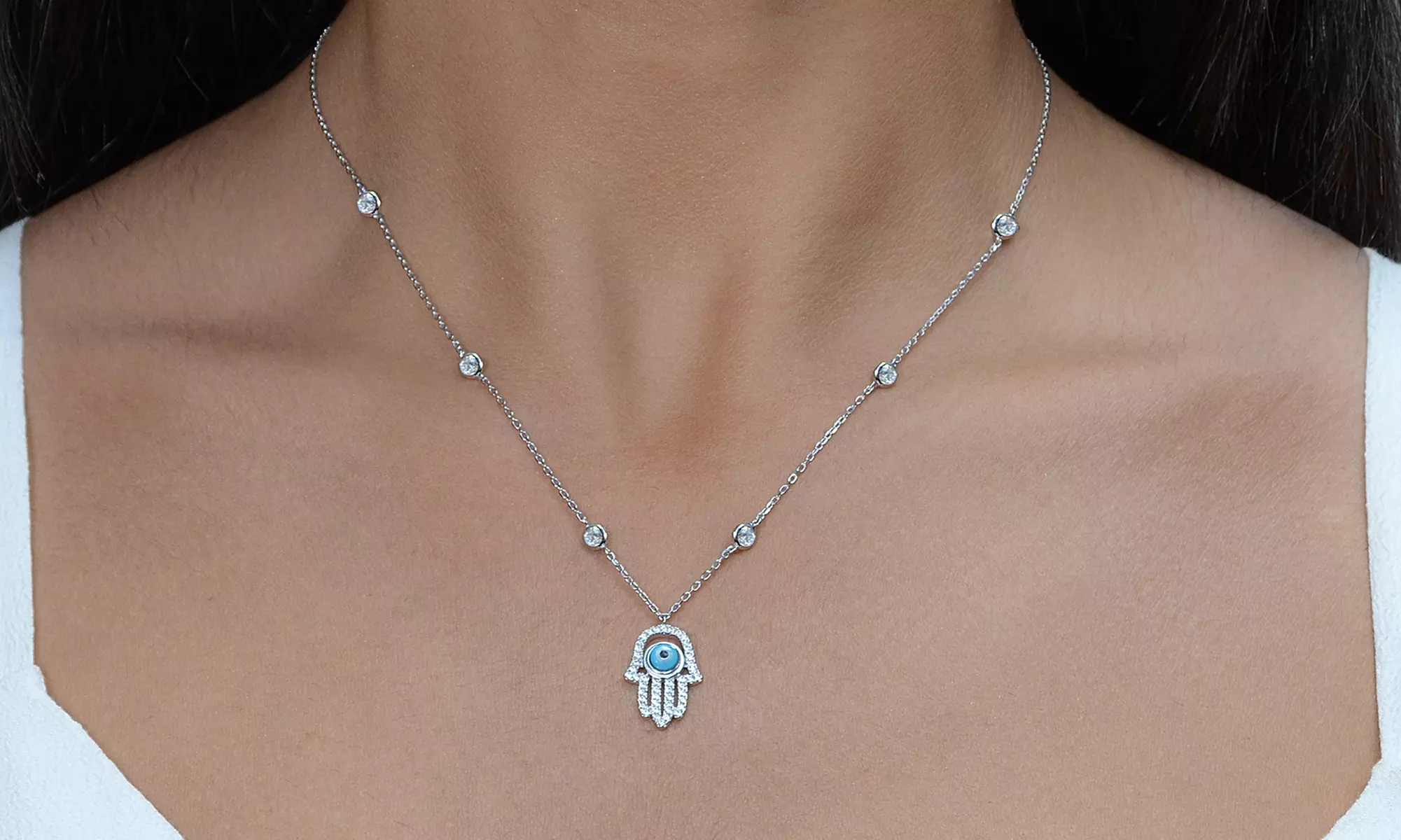 Sterling Silver or 14K Gold Hamsa or Evil Eye Necklace Made with Swarovski Elements - Primary Image