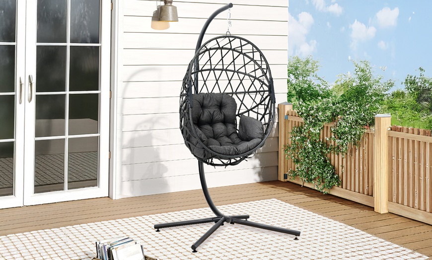 Image 11: Outdoor Cosy Rattan-Effect Hanging Egg Chair with Cushion