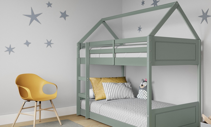 Image 1: Pastel Green Wooden House Kids Bunk Bed