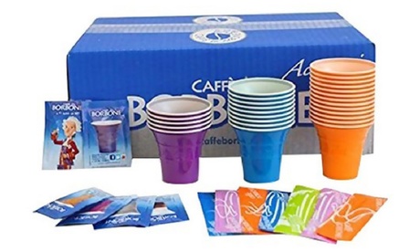Fino a 10 kit di accessori Borbone per caffè, composti da 150 bicchieri, 150 palettine e 150 bustine di zucchero da 5 g