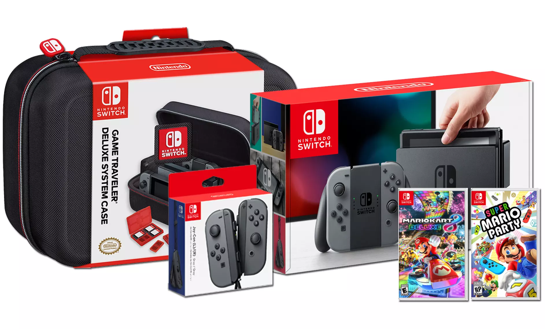 Nintendo Switch Bundle with Extra Joy-Con, Super Mario Party, Mario Kart 8 Deluxe, and Travel Case - Primary Image
