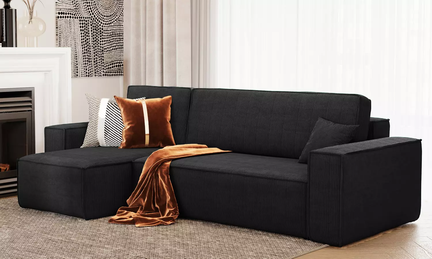 Canapé d'angle réversible et convertible en velours côtelé avec coffre