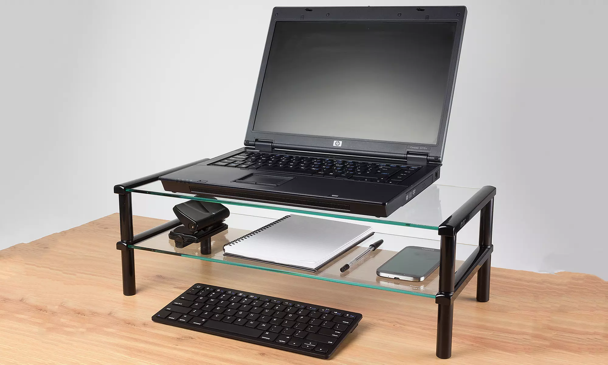 Glass Laptop/PC Monitor/TV Stand with Two Shelves - Primary Image