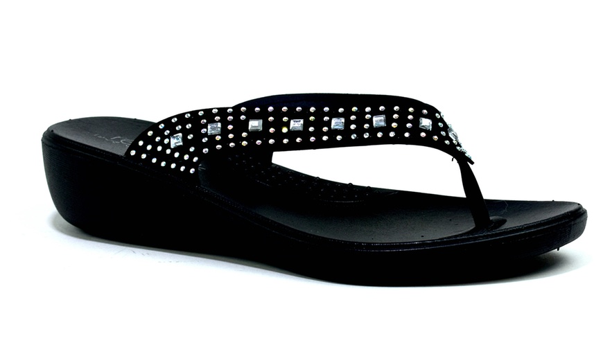 Image 3: Women's Studded Mirror Wedge Flip-Flops