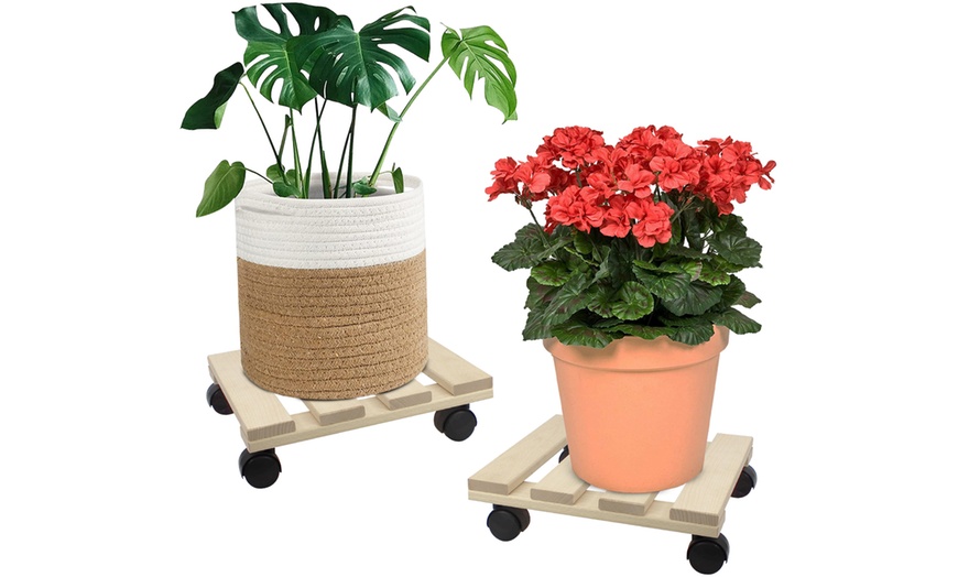 Image 1: Set of 2 Natural Wooden Plant Pot Holders with 4 Wheel Castors