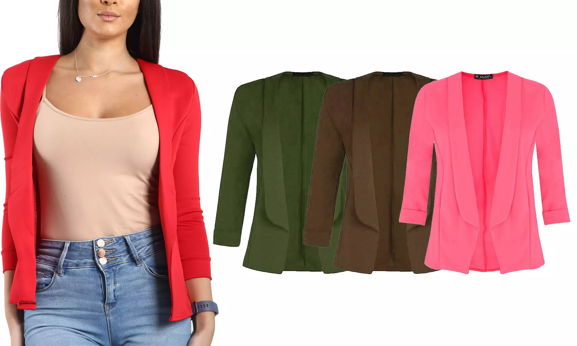 Veste blazer extensible ouverte sur le devant avec manches 3/4 relevées - Primary Image