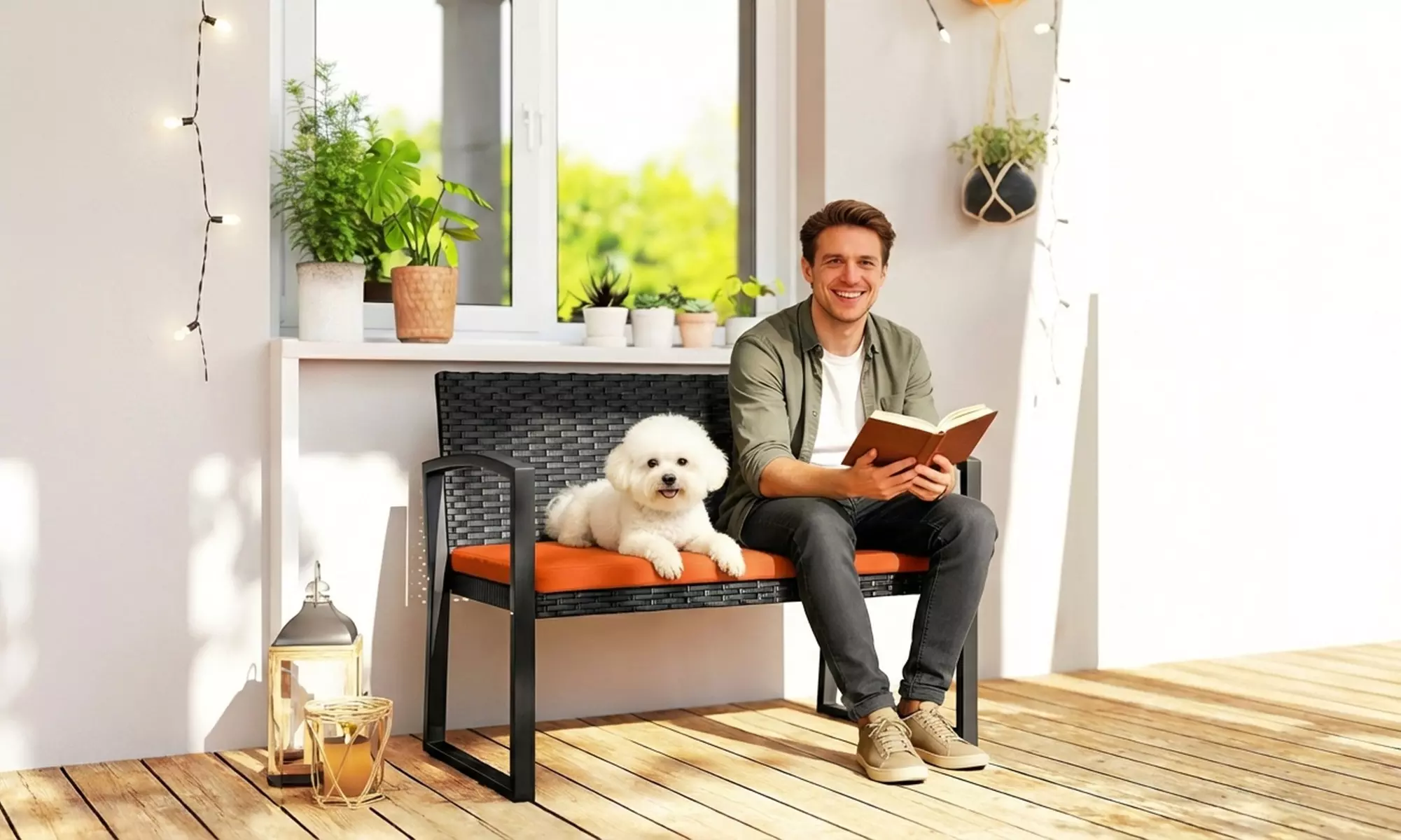 Outsunny 2-Seater Rattan-Effect Garden Bench with Cushioned Seat