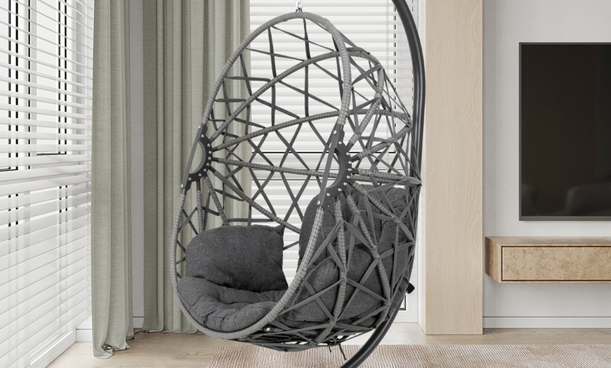 Image 16: Black Outdoor Hanging Egg Chair with Cushion