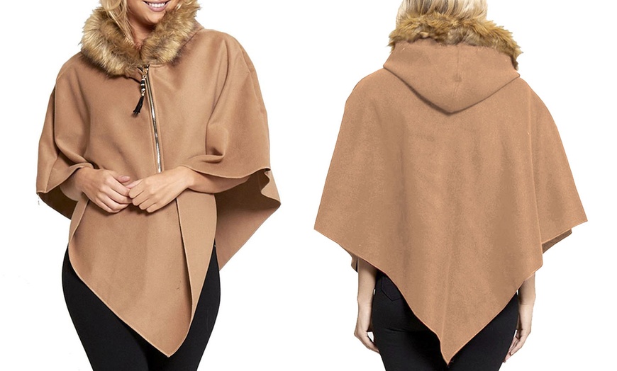 Image 10: Ladies Fur Trim Hooded Cape 