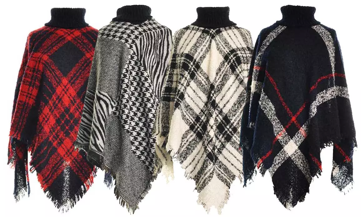 Women's One Size Woven Turtle Neck Sweater Poncho with Fringed Edges - Primary Image