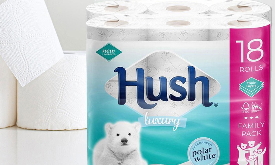 18, 36 or 72 Rolls of Hush Three-Ply White Toilet Tissue Paper