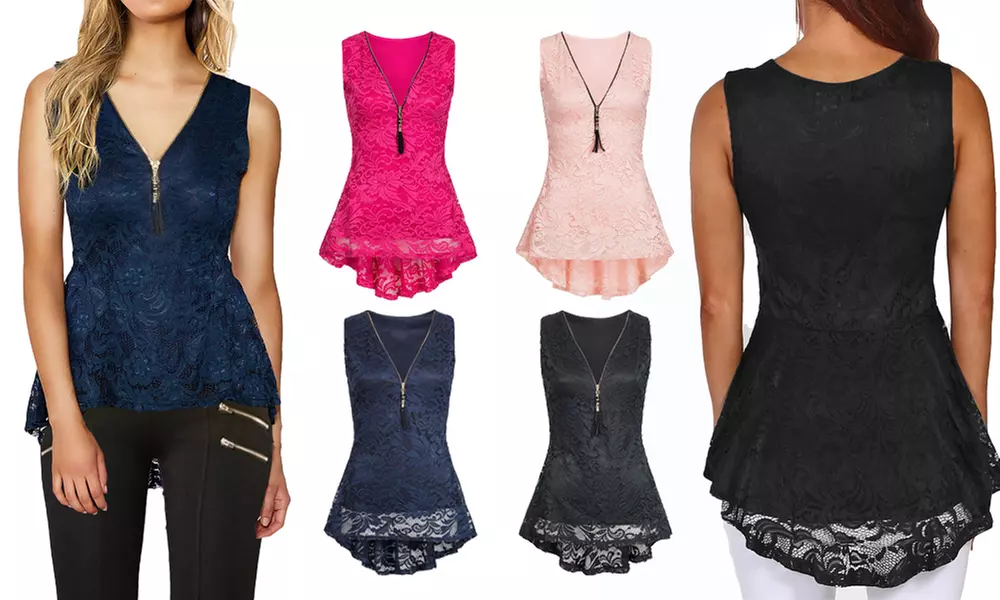 Haut en dentelle doublé "Elisa" sans manches avec détail fermeture éclair sur le devant, pour femme - Primary Image