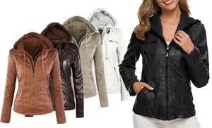 Women's Classic Faux Leather Hooded Jacket