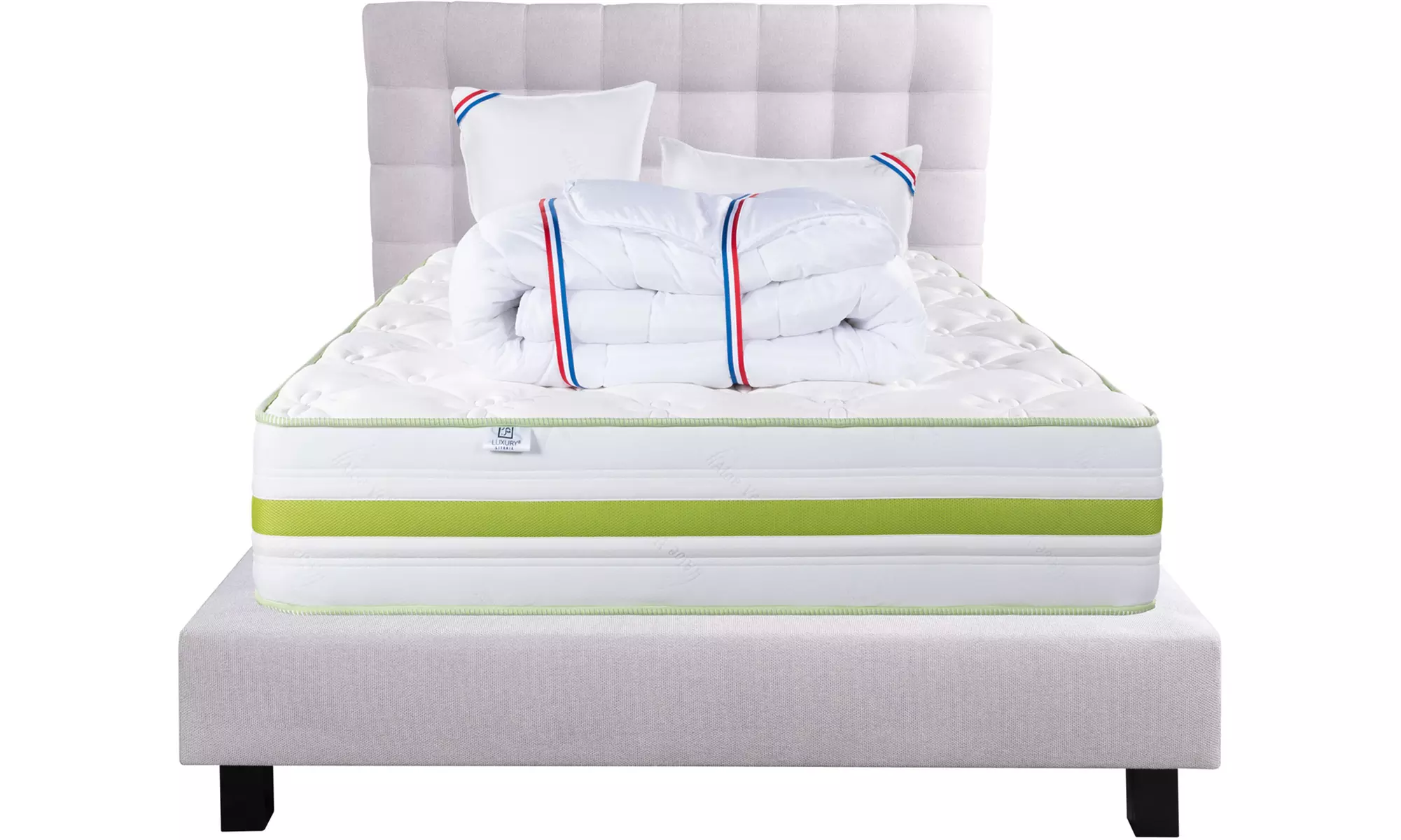 Matelas 24/30 cm avec sommier, tête de lit et couette Luxury Literie