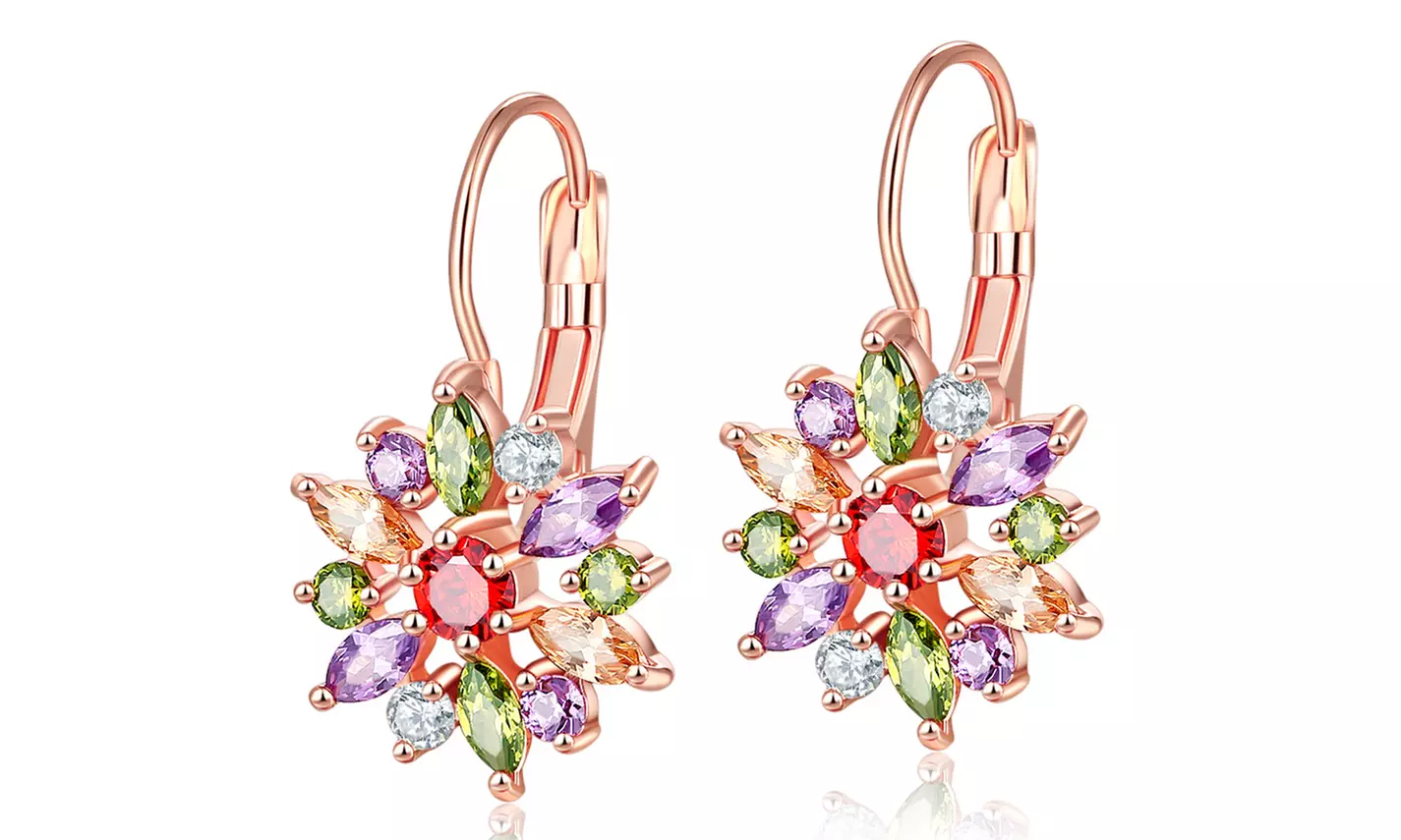 18K Rose Gold Plated Multi-Colored Crystal Flower Lever-back Earring - Primary Image
