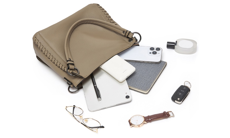 Image 18: Miss Lulu Women PU Leather Crossbody Handbag with Woven Accents