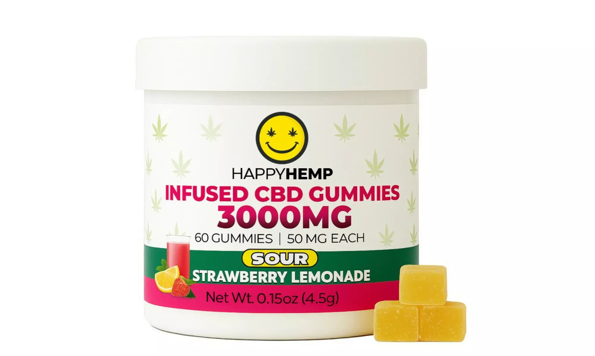 Happy Hemp Sour CBD Gummies - Blue Raspberry, Strawberry Lemonade & Green Apple