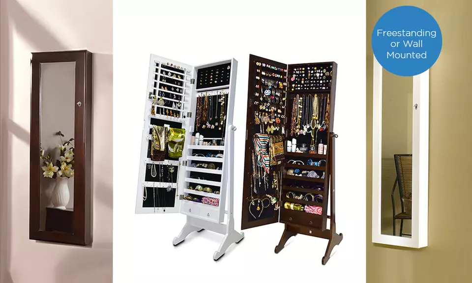 From $119 for a Wooden Full-Length Mirrored Jewellery Cabinet in White or Brown (Don't Pay $299) - Primary Image