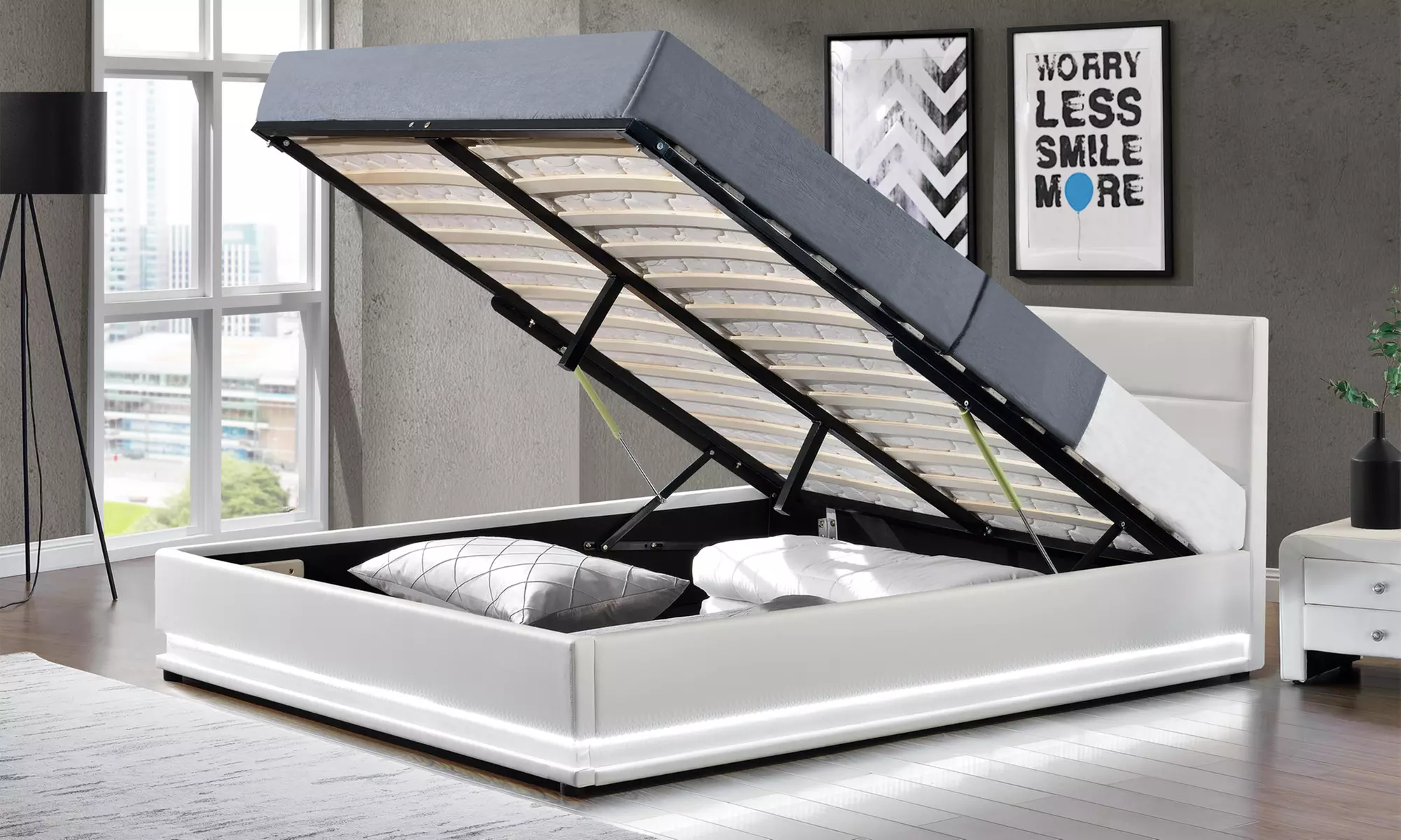 Lit coffre LED en simili cuir avec matelas en option, Fournier Décoration, livraison offerte - Primary Image