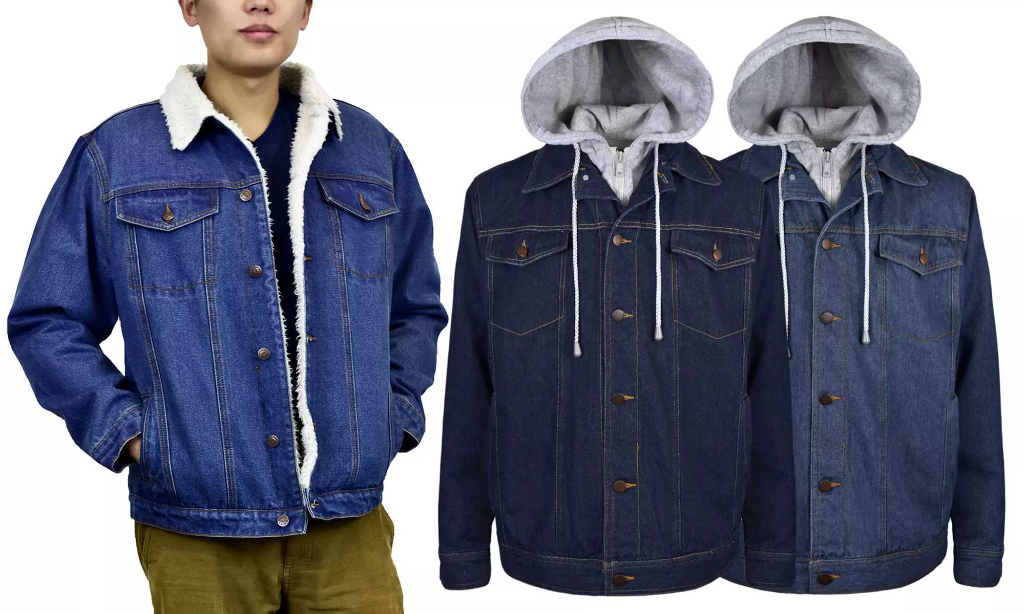 Victory Men's Hooded Sherpa or Fleece-Lined Washed Denim Jacket (S-2XL) - Primary Image