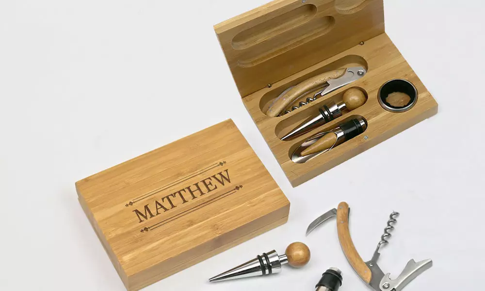One or Two Personalized Bamboo Four-Piece Wine Tool Set from Monogram Online (Up to 44% Off) - Primary Image