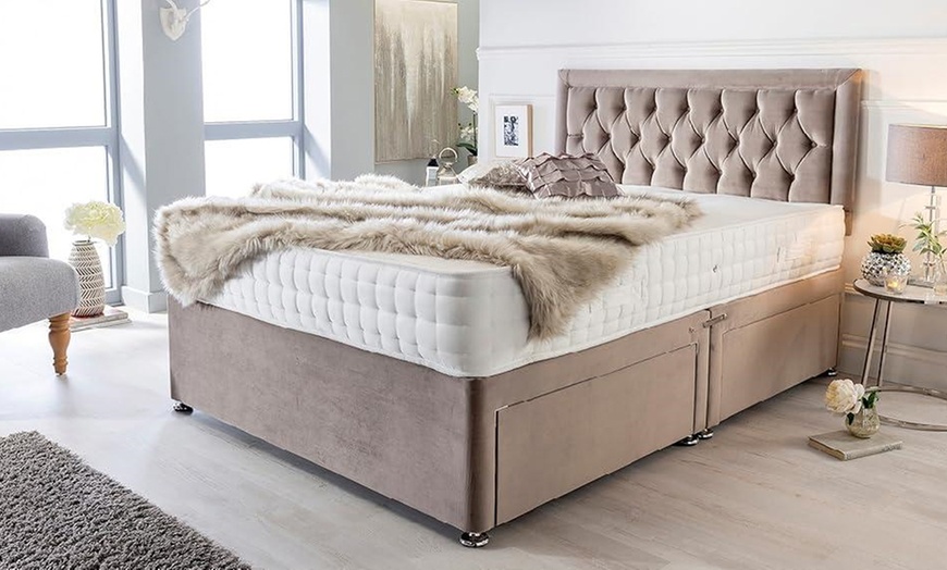Image 1: Chesterfield Plush Divan Bed with Memory Foam Sprung Mattress 