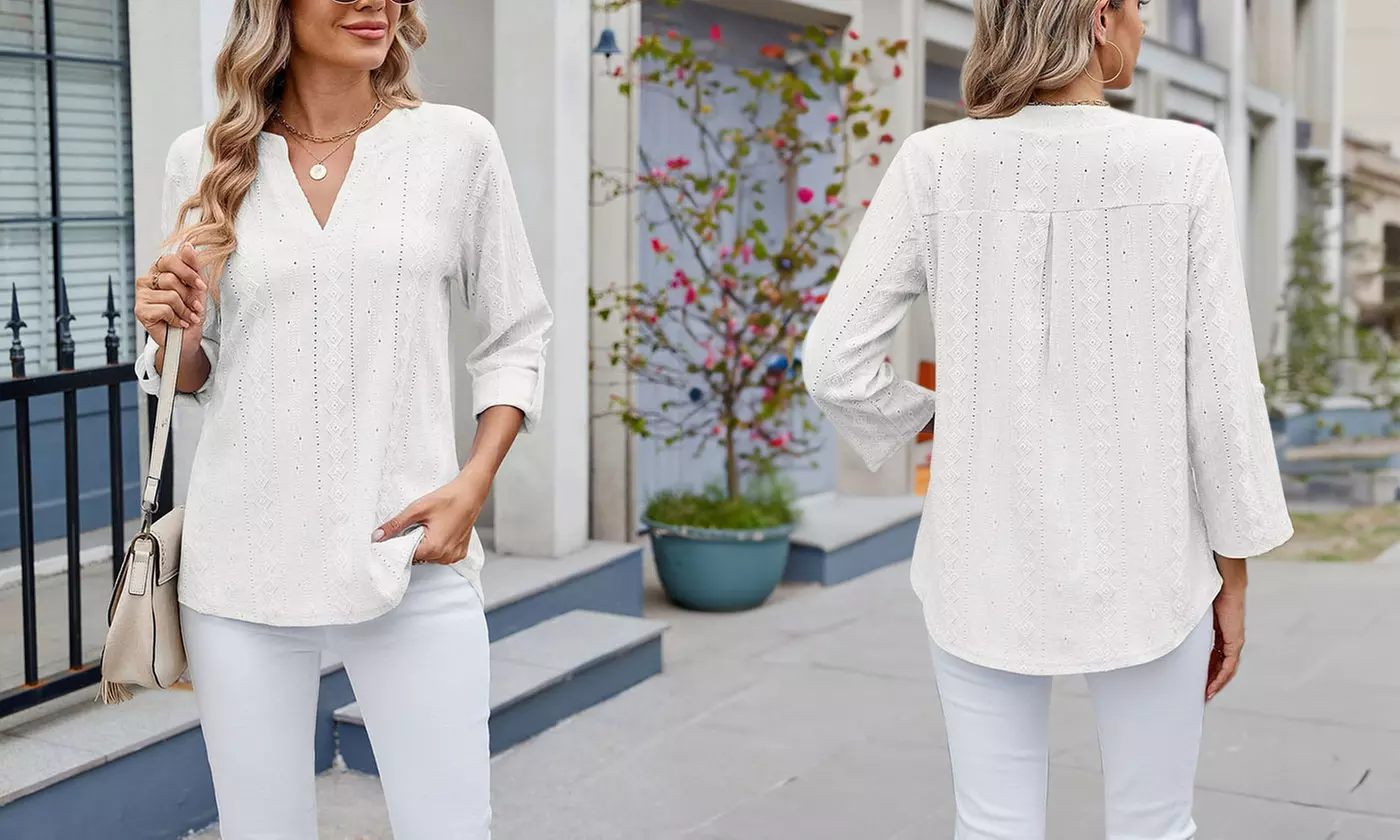Women Dressy V Neck Ruffle 3/4 Sleeve Trendy Eyelet Blouses Loose Fit Tunic