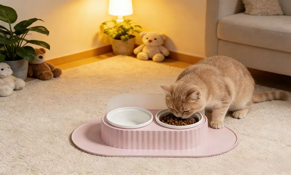 Ceramic Double Pet Bowl Set with Elevated Stand and Non-Slip Mat 350ml