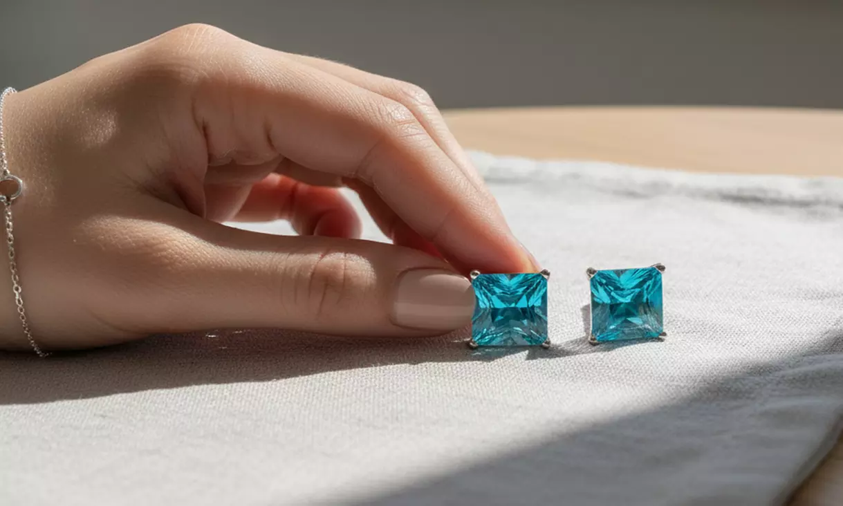 Paris Jewelry 14k Gold Push Back Princess Created Blue Topaz Stud Earrings 3-4MM