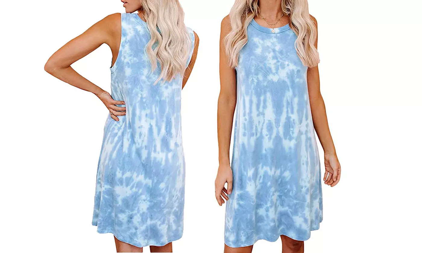 Women's Sleeveless Casual Loose Swing T-Shirt Dress Tie Dye Tunic Summer Dress