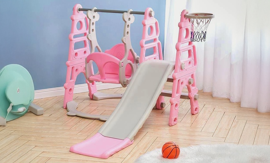 Image 2: 4-in-1 Toddler Playset with Slide, Swing, Climber and Basketball Hoop