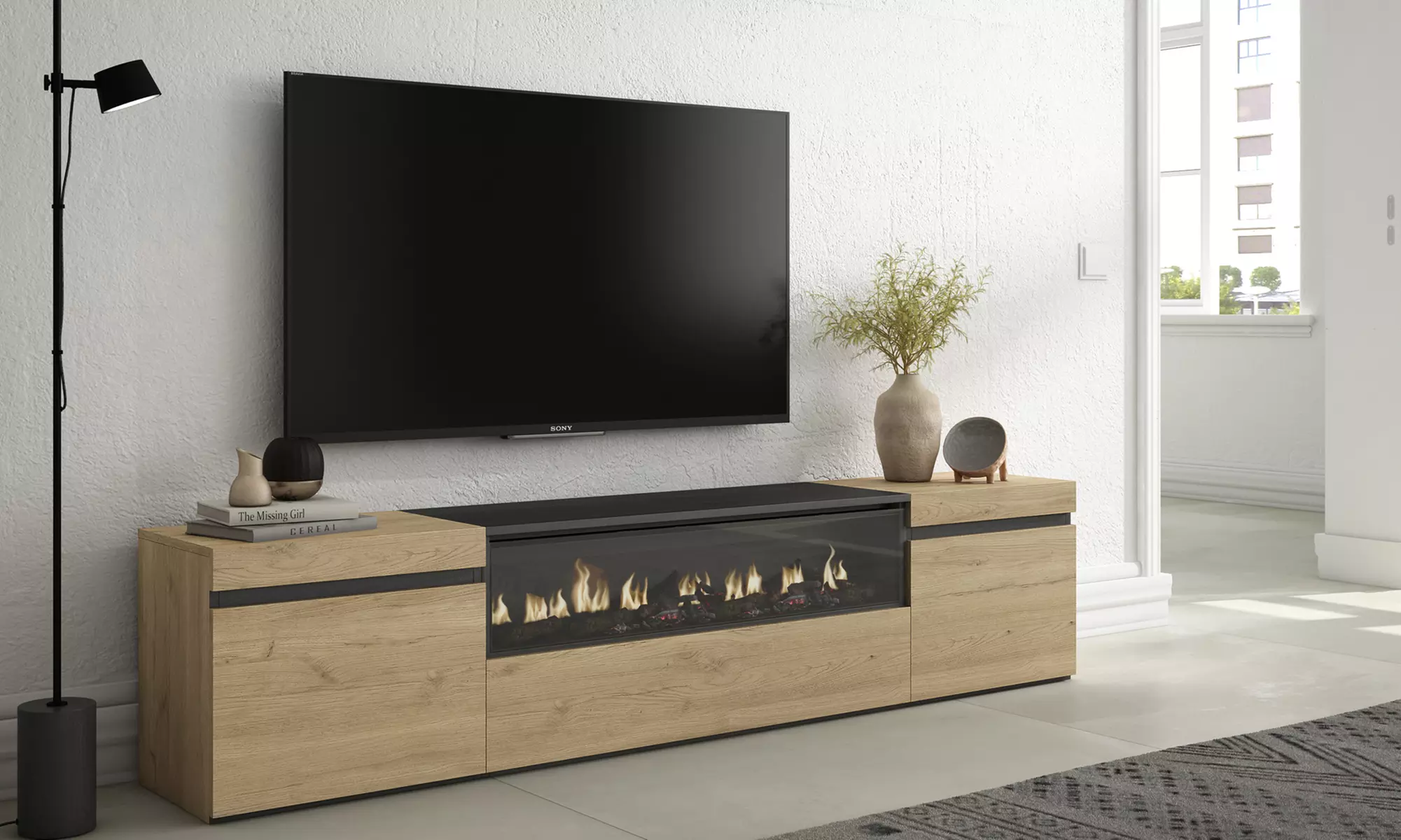 Mobile Porta TV Moderno (200cm) - Scegli tra Camino Elettrico 3D o Vano Extra