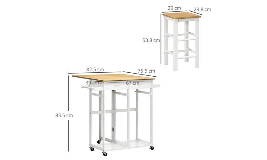 Image 7: HOMCOM Bamboo Breakfast Cart with Drop Leaf Table and Two Stools 