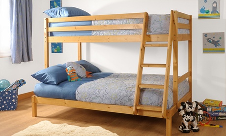 Groupon Unisex Caramel Triple Bunk Bed In Solid Pine With Optional Mattresses: Frame With One 3Ft And One 4Ft Mattress